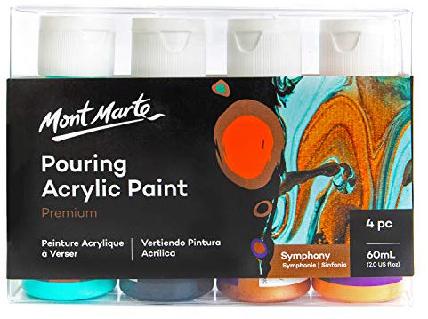 Mont Marte Pouring Set Symphonie – 4 x 60ml – Acryl Pouring – Acrylfarben mit Pouring Medium vorgemischt – Türkis, Lampen Schwarz, Bronze, Orange