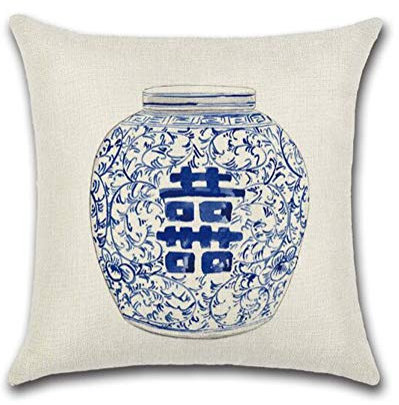 Joielavie Kissenhülle, Leinen, Baumwolle, Vase, Porzellan, blau und weiß, klassisch, Ethno, chinesisch, quadratisch, dekorativ, Sofa, 45 x 45 cm, #6