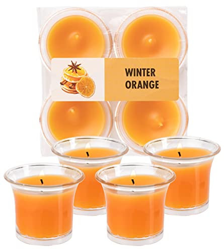 Hyoola Duftende Votivkerzen in Durchsichtigem Behälter - Votivkerzen mit Duft nach Winter-Orange - 12 Stunden Brenndauer - 4 Stück Duftkerzen - in Europa Hergestellt