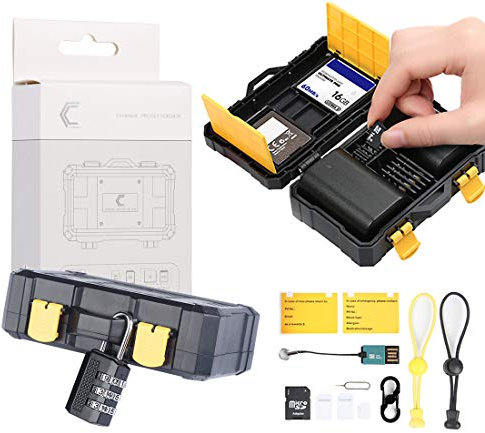 2in1 SD TF CF XQD Digital Memory Card Case, 16 Slots Computer Camera Tablets Media Storage Organizer & Camera Battery Protection Box, with Anti-spy Padlock/Anti-Lost Card, Waterproof & Shockproof