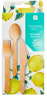 Disposable Wooden Cutlery Set with Lemon Design | 6 Bamboo Forks, Knives and Spoons | Eco Friendly, Biodegradable, Compostable For Garden Party, Camping, Travel, Picnic, BBQ, Outdoor Dining