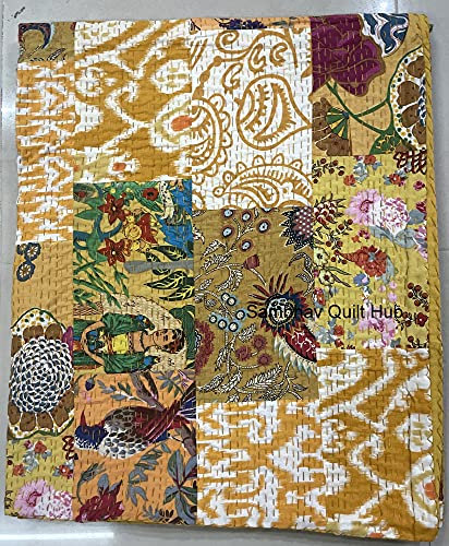 Multi Floral sortierte Baumwolle Patchwork Kantha Quilt Home Dekorative handgemachte Patch Gesteppt King Size Bohemian Bettwäsche Überwurf Decke Vintage Quilt (gelb, 228 x 274 cm)
