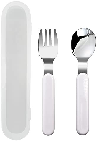 VANRA Juego de 2 piezas de tenedor y cuchara para niños, de acero inoxidable 18/10, juego de cubiertos para niños con estuche para lonchera