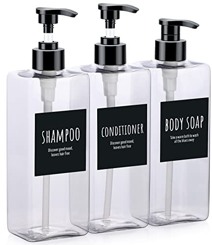 Segbeauty Shampoo Bottles, 3pcs 16.9oz Empty Refillable Pump Dispenser with Labels, 500ml Plastic Reusable Press Lotion Containers for Bathroom Hotel Liquid Soap Body Wash Hand Soap Conditioner Clear