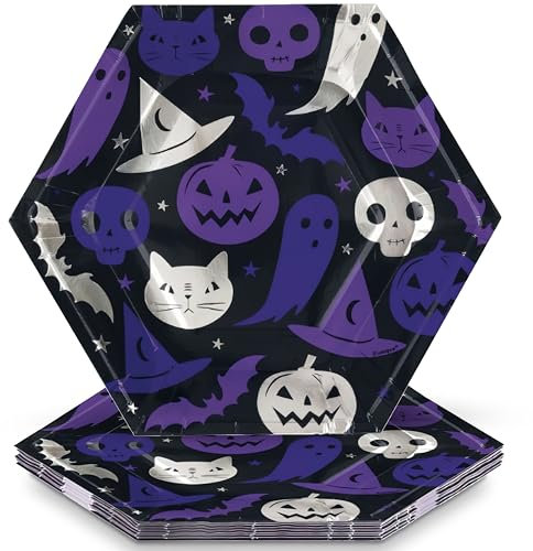 Unique 23656 Foil Stamped Hexagonal Paper Plates-23.5 cm-Spellbound Halloween Party-8 Count (Pack of 1), Multicolour