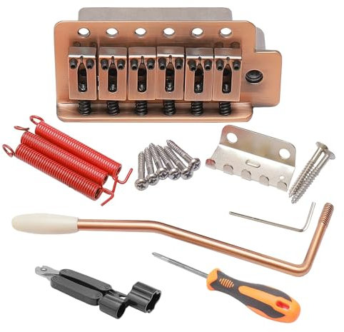 Unxuey Juego de 6 cuerdas para guitarra eléctrica para diestros, puente de trémolo para Fender Strat Squier, piezas de repuesto con barra Whammy, color cobre rojo