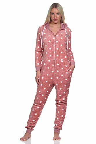 Normann Kuschelig Warmer Damen Jumpsuit Schlafanzug Overall aus Coralfleece in Tupfen Punkte Optik