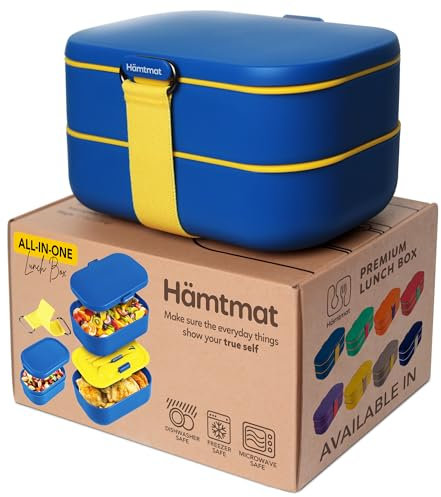 HÄMTMAT Bento Lunchbox All-in-One – 2 Lebensmittelbehälter, Tasse, Löffel, Gabel, Essstäbchen, auslaufsichere Deckel mit Lüftungsschlitzen. Für Damen, Mittagessen, Reisen. Mut wie Ukraine Farbe