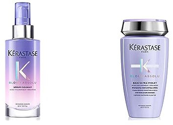 Kérastase | Nachtserum für trockenes und blondiertes Haar & Anti-Gelbstich Shampoo für strapaziertes und ausgeblichenes Haar, Haarbad mit Hyaluronsäure, Bain Ultra-Violet, Blond Absolu, 250 ml