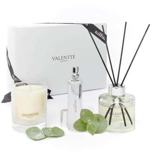 Scented Gift Box with Candle, Reed Diffuser, and Room Mist, Aromatherapy Essential Oils, Long Lasting Fragrance, Made in the UK (Jasmine and Rosewood) (150g, 100ml, 30ml) - Valentte
