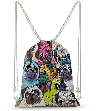 NIBABA Rucksack mit Kordelzug, bunt, Pop-Art-Motiv, Mops, großes Fassungsvermögen, wasserabweisend, Segeltuch, Sport, Yoga, Turnbeutel für Jungen, Mädchen, Frauen, Männer, Beutel mit Kordelzug