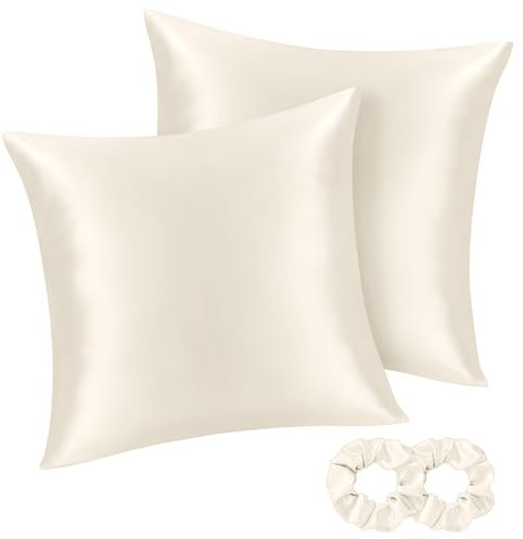 BEDELITE Satin Kissenbezug 80x80 Beige - Kopfkissenbezug 2er Set Weich wie Seidenkissenbezug 80 x 80 Sommer mit 2 Haargummis für Haar und Haut, Similar to Silk Pillowcase Pillow Cover