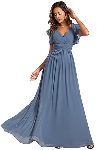 Ever-Pretty Women Dresses Bridesmaid Wedding Guest Dress Elegant Chiffon A-Line Ruffles Sleeve Dusty Navy 16UK