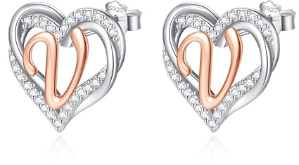 INFUSEU Buchstaben Ohrring, 925 Sterling Silber Ohrstecker Initial Kleine Ohrringe Rosegold Herz Buchstabe A-Z Vorname Alphabet Initialen Personalisierter Schmuck Geschenke für Frauen Mädchen Damen