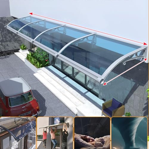 Überdachung Pultvordach mit Regenrinne,Pavillion Türvordach für draußen Sonnenschutz Regenschutz Beständiger,Markise Fenster Aluminium Silberner Ständer und Blau Polycarbonat (150 x 300cm)