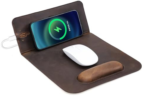CONTACT'S FAMILY Wireless Charging Mouse Pad with Wrist Rest, 15W Genuine Leather Mouse-pad with Wireless Charging Board and Wrist Support for PC Laptop (Vertical Version)