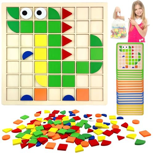 VingaHouse 120PCS Mosaik Holzpuzzle, Form Holz Kinder Tangram Mosaik-Puzzle Montessori Spielzeug ab 3 4 5 6 Jahre Hölzerne Muster Blöcke Set Feinmotorik Lernspielzeug Geschenk für Mädchen und Jungen