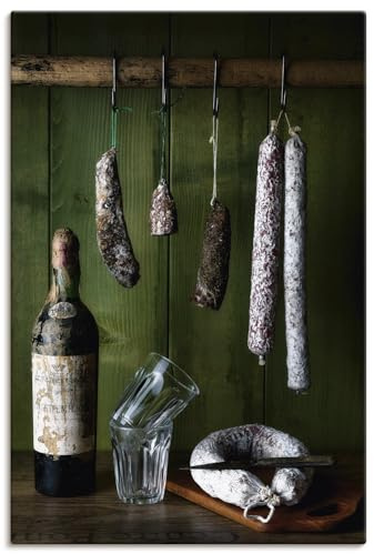 ARTLAND Wanddeko Leinwand Bilder Wandbild 40x60 cm Lebensmittel Essen und Trinken Salami Wein Rotwein Rustikal U5IH