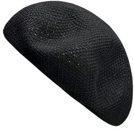 HIQIU Baskenmütze Sommer Damen Dünne Atmungsaktiv Barett - Leichte Damen Baskenmütze Künstler Maler Beret Hut Legere Beanie-Mütze (DE/NL/SE/PL, Alphanumerisch, Einheitsgröße, M, Schwarz)