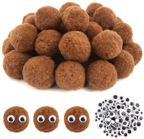 TOAOB 50 Stück Pompons zum Basteln Groß 5 cm Kaffeefarbe Pompom Flauschigen Plüsch Bälle Kunst Bommel mit Selbstklebend Wackelaugen für Dekorieren Verzieren Nähen Lustige Kreativen Handwerk