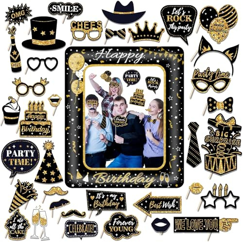 Schwarz Gold Aufblasbarer Selfie-Rahmen - 36 Stück Geburtstag Photo Booth Requisiten für jedes Alter Groß Photobooth Dekorationen Schleifen Lippen Lippenstifte für Mädchen Junge Männer Frauen Party