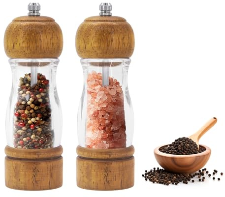 DingGreat 2 pcs Salt and Pepper Grinder Set Wooden(16cm), Acrylic Refillable and Adjustable Pepper Grinder, Manual Spice Mill for Kitchen