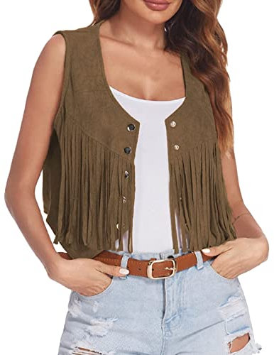 Generisch Fransenweste Damen Faschingskostüme Frauen Braun Cowboy Kostüm Damen 70er Jahre Hippie Outfit Indianer Kostüm Cowgirl Weste Und Schlaghose Karneval Kleidung für Damen Bekleidung Disco Party