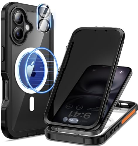 seacosmo Cover per iPhone 16 Privacy Magnetica, Compatibile con Magsafe, Antispy Schermo Integrata in Vetro Temperato, Protezione Fotocamera, Custodia 360 Gradi Antishock Fronte Retro - Nero