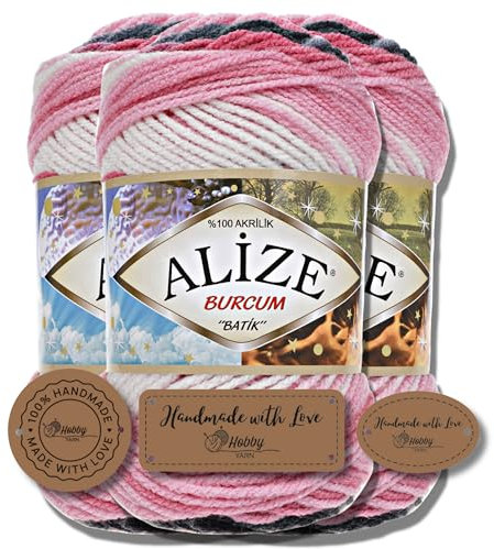 Hobby YARN 3x Etikettenlabel mit Alize Burcum Batik Wolle Premium 3x100g als Set, Yarn, Garn, Strickgarn, Farbverlauf, Babywolle zum Häkeln, Stricken, Kleidung, Schals (1602)