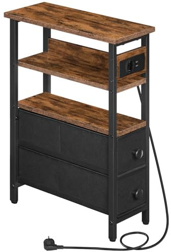 HOOBRO Table d’Appoint avec Station de Charge, Bout de Canapé avec tiroirs Non-tissé, Table de Chevet avec Rangement, pour Petits espaces, Salon, Chambre, Marron Rustique et Noir EBF132CBZ01