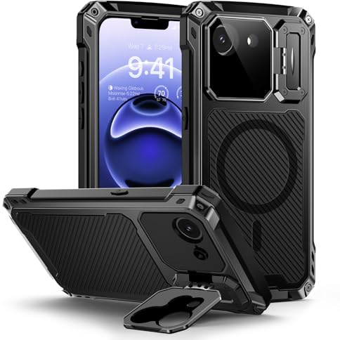 Lanhiem für iPhone 16E Hülle Magnet Kameraschutz Stoßfest Metall | Ständerfunktion, Outdoor Ganzkörper Robust Militärstandard Heavy Duty, mit Eingebautem Displayschutz, Schwarz