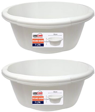Best House | Round Basin | Kitchen Washing Up Bowl | 7 Litres | White | 2 Pcs | Multipurpose Bath Tub/Washing Tub for Kitchen, Bathroom, and Household Use (Pack of 2)
