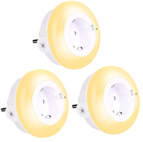 Emotionlite Enchufe de luz nocte con sensor crepuscular, LED Lámpara de noche Niños protegen, Auto/OFF/ON con sensor de luz 3 Brillo ajustable, blanco cálido 2700K (3 piezas)
