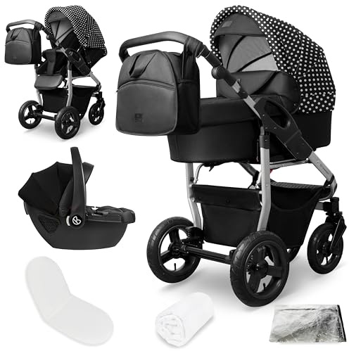 Bergsteiger Capri Kombikinderwagen 3-in-1 Babywanne Sportsitz Babyschale | Komfortables Reisesystem ab Geburt mit Luftreifen Rahmenfederung verstellbarem Griff Platzsparend faltbar und Wickeltasche