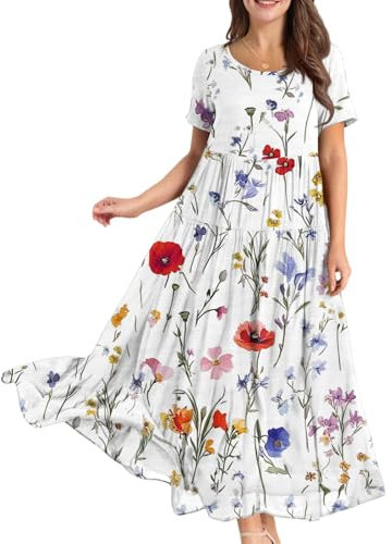 Ladies Summer Dresses, Womens Summer Long Dresses Casual Short Sleeve Crew Neck Maxi Sundress Ladies Loose Tshirt Dress Boho Floral Beach Sundresses Gifts for Women,White,XXL,u98k