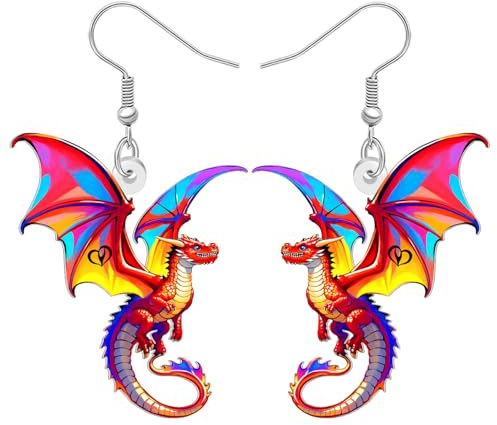 DUOWEI Acryl Fantasie Drache Ohrringe Hängend Niedlich Dinosaurier Dino Kreative Mythische Design Mittelalterliche Tier Einzigartige Schmuck Drachen Geschenke für Damen Mädchen Mama Charms (Rot)