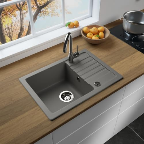 LINDBERGH® Granit Spüle + kompl. Siphon und Imprägnierung mit Abtropffläche, Einbauspüle Küchenspüle Spülbecken - Verbundstoffe MADE IN GERMANY (SIM33-620 x 440 mm (Grau))