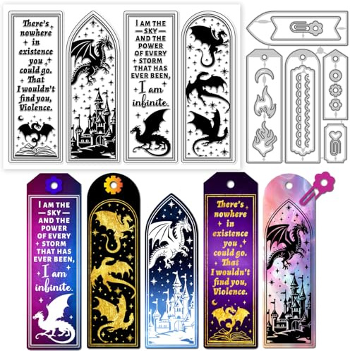 GLOBLELAND Drachen Lesezeichen Klare Stempel Und Metall Stanzformen Inspirierende Worte Transparenter Stempel Schlossrahmen Stanzformen Für Kartengestaltung Prägung Scrapbooking