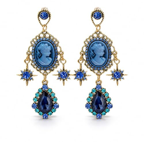 YIQPKUM Elegant Vintage Kamee Kronleuchter Ohrringe Drop für Damen Blau Kristall Schmuck Viktorianisch Accessoires Geschenke Reizvoll