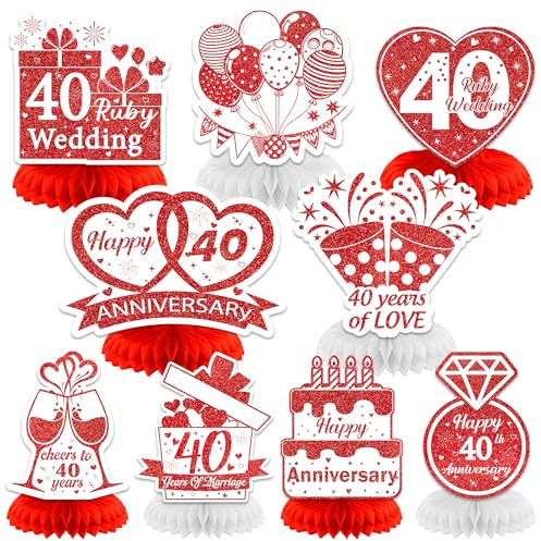 40th Wedding Anniversary Table Decorations - 9 Pieces Ruby Wedding Honeycomb Centrepiece for 40 Years of Love Party, Red Heart Cake Ring Champagne Honeycomb Decor for Couples Happy Anniversary