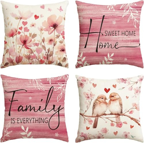 BREASOME Kissenbezug Vögel und Rosa Blumenmuster Frühling 45x45 cm 4er Set | Hypoallergen, Maschinenwaschba, Weich, Naturstil, Stoff Polyester, Dekokissen für Wohnzimmer Schlafzimmer Sofa Couch