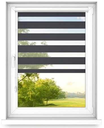time4blinds - Doppelrollo ohne Bohren - Zebra Rollos für Fenster und Türen - zum Kleben, mit Aluminiumkassette, Lichtdurchlässiger Stoff, Kleberollos - Anthrazit, 1200x900, Links