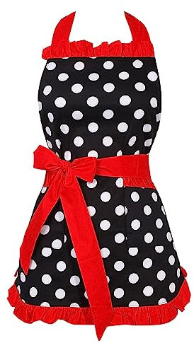 RosieLily Delantal vintage para mujer, bonito delantal retro con bolsillos, delantal de cocina para cocinar, hornear, con volantes, volantes de los años 50, ajustable, de algodón, con lunares