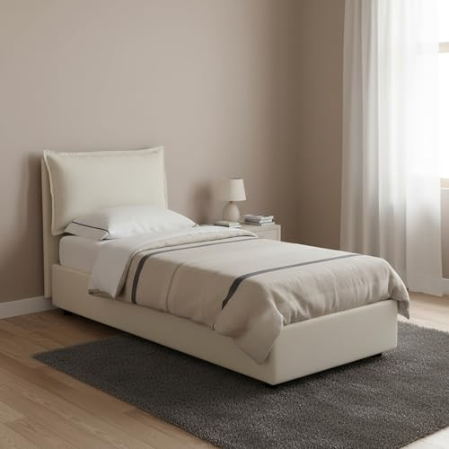 Talamo Italia - Luna Einzelbett, Bettkasten mit Stoffbezug, 100 % Made in Italy, seitliche Öffnung, geeignet für Matratze 80x190 cm, Beige