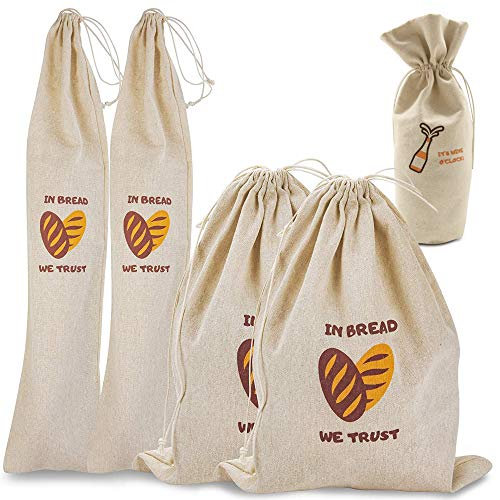 4-Pack Organic Linen Bread Bags - Reusable Drawstring Bag for Loaf, Baguette & Homemade Artisan Bread Storage - Natural Linen Bag for Food Storage - Bonus Wine Canvas Bag - Perfect Housewarming Gift