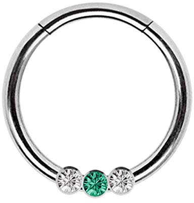 Piercing Smooth Segment Ring, Clicker mit DREI Steinen klar-grüntürkis in 1,2 x 10 mm