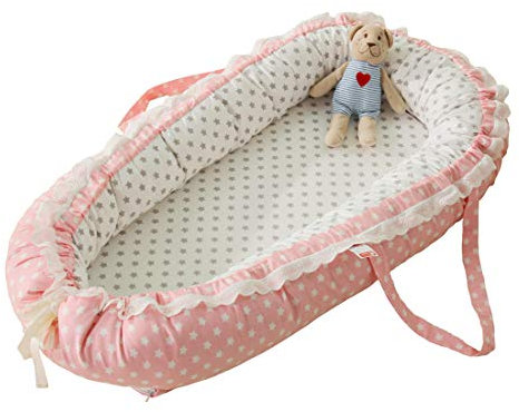 DorkasDE Babynest Kuschelnest Faltbett tragbar Babybett Reisebett (one Size, Stern Rosa)