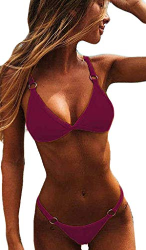 CheChury Maillot de Bain 2 Pieces Femme Sexy Taille Basse Bandage Bikini Bresilien Push Up Swimwear De Plage Taille Basse Brésilien String Bas de Bikini,Rouge,S