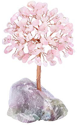 Jovivi Albero della Vita Sopramobile Decorazione in Cristallo Pietra Fengshui Ornamento Guarigione Meditazione Portafortuna Regalo-Quarzo Rosa