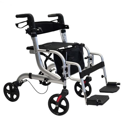 abc HOME | Rollator & Rollstuhl | 2in1 | klappbar | Tasche | verstellbare Höhe (Silber (ohne Armlehnen))
